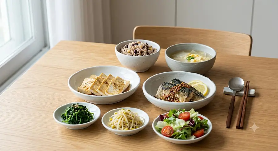 채소 반찬, 두부, 달걀, 생선, 잡곡밥이 식사 순서에 맞게 앞에서 뒤로 자연스럽게 배치된 한국식 건강 상차림