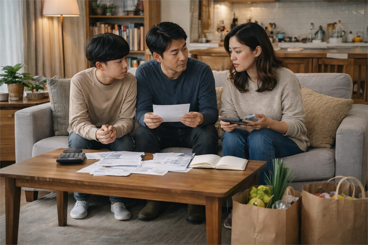 한국 아파트 거실에서 가계 상황을 상의하는 가족의 넓은 전경 