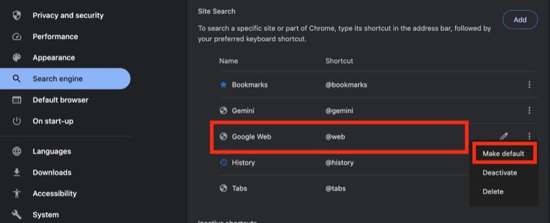 크롬 사이트 검색 기본값 설정