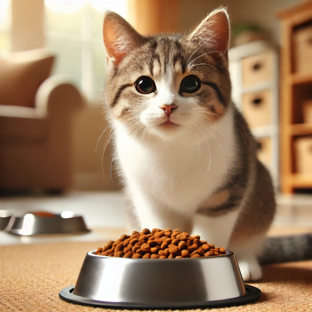 맛있게 사료를 먹는 건강한 고양이