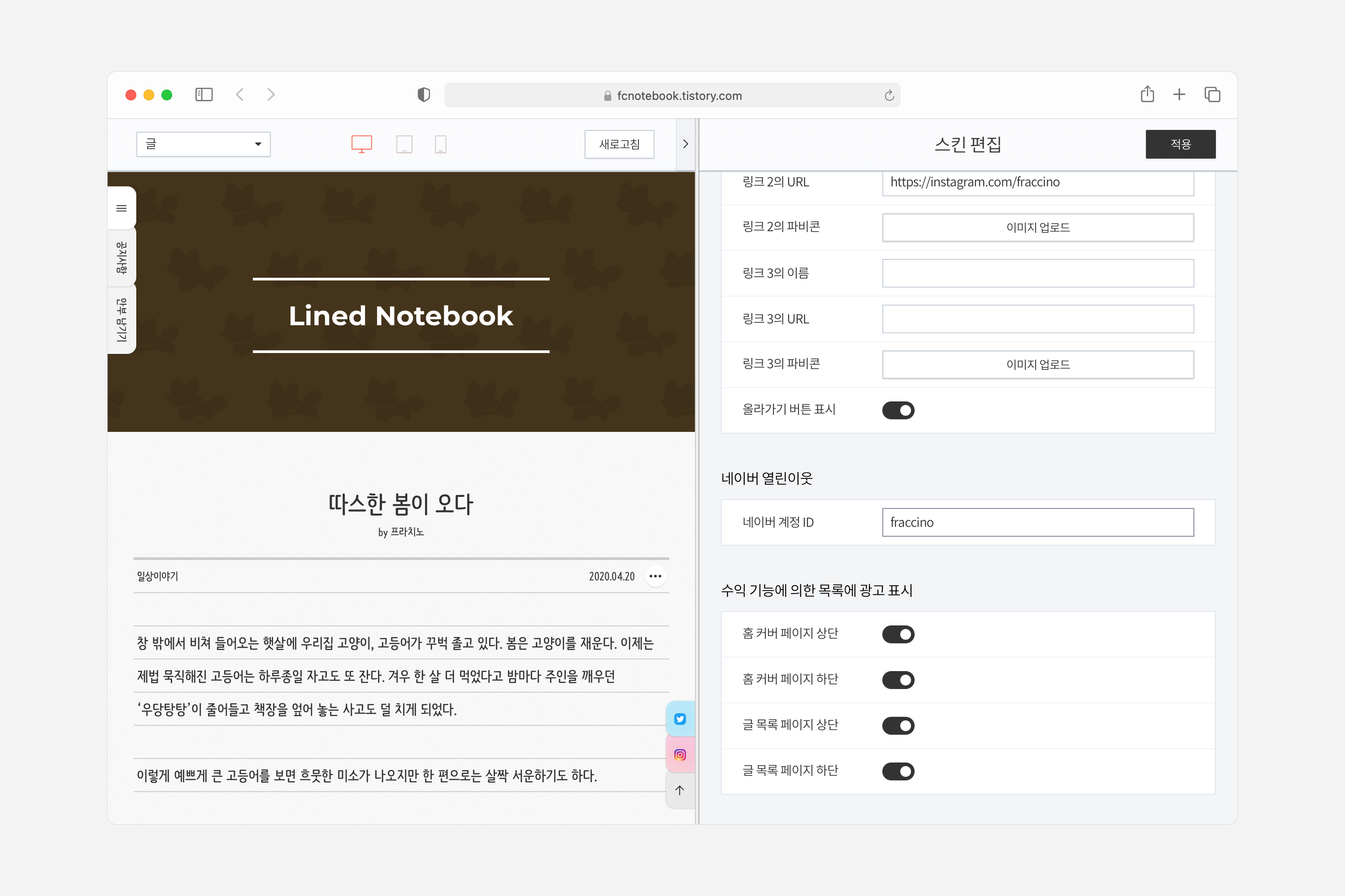 스킨 옵션의 네이버 열린이웃 항목