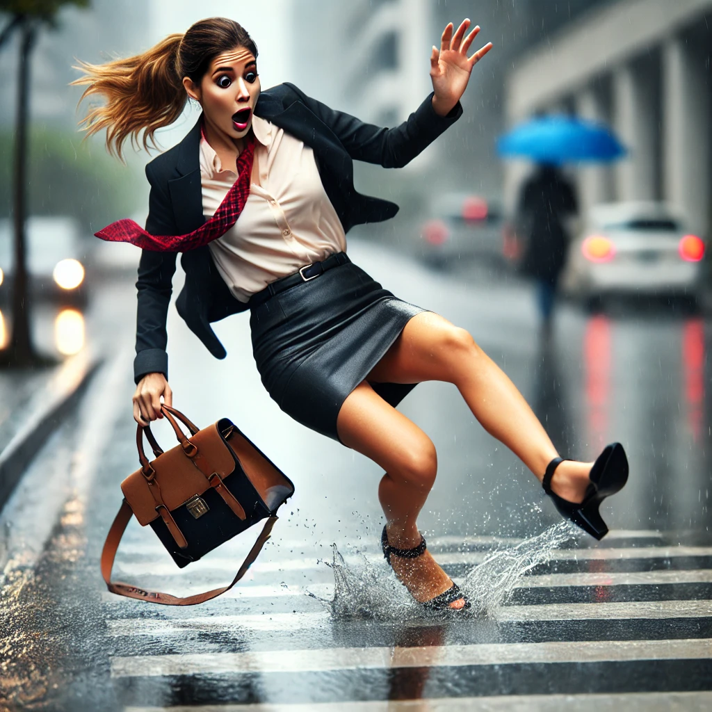 출근길 빗길에 미끄러지는 여자 직장인