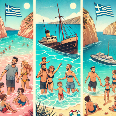 4인 가족이 그리스 엘라포니시 해변, 나비오 해변, 바르디키아 해변에서 노는 모습