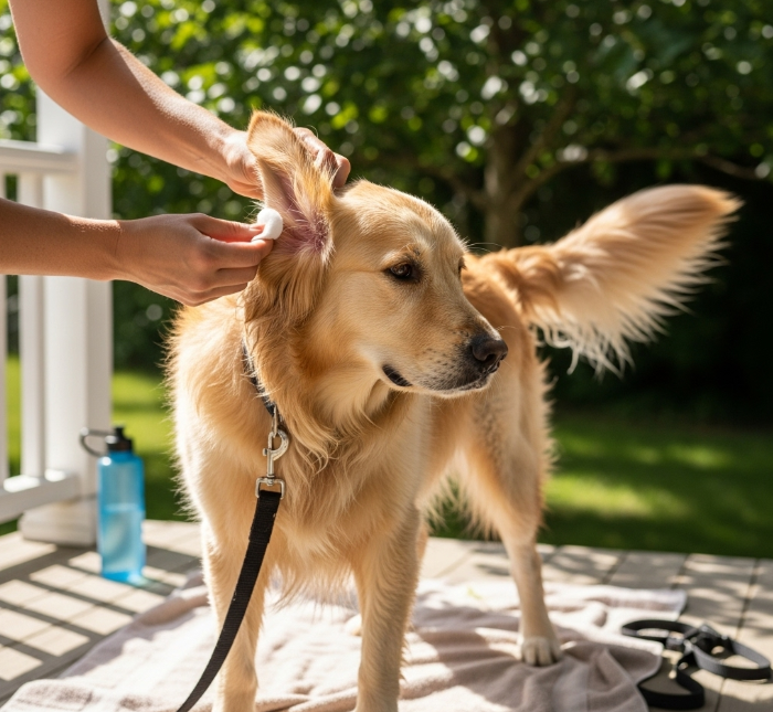 여름철 강아지가 산책 후 귀 관리를 받는 예방 관리 장면의 이미지