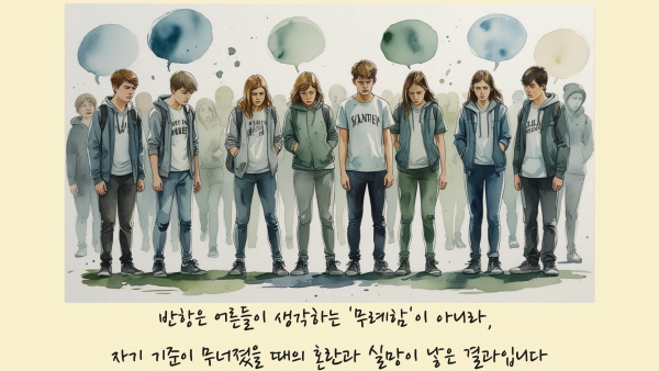 이들의 반항은 어른들이 생각하는 '무례함'이 아니라, 자기 기준이 무너졌을 때의 혼란과 실망이 낳은 결과입니다에 관한 그림