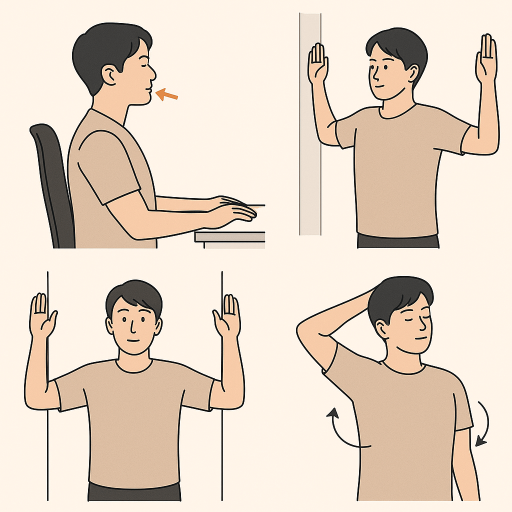 10분 체형 교정 스트레칭 4가지 동작을 한 장에 담은 미니멀 삽화. 책상 앞에서 턱을 수평으로 뒤로 당기는 목 당기기(치니 턱), 문틀에 팔을 대고 가슴을 여는 도어웨이 스트레칭, 벽에 등을 대고 팔을 위아래로 움직이는 월 엔젤, 한 손으로 머리를 기울여 상부 승모근을 늘리는 스트레칭을 한국인 모델이 시연하는 장면.