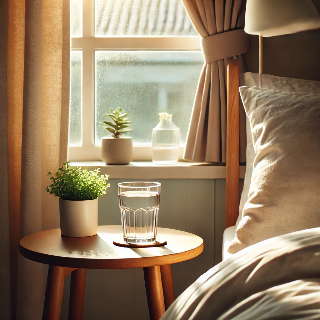 창가에 투명 그릇에 물이 담겨져 있다