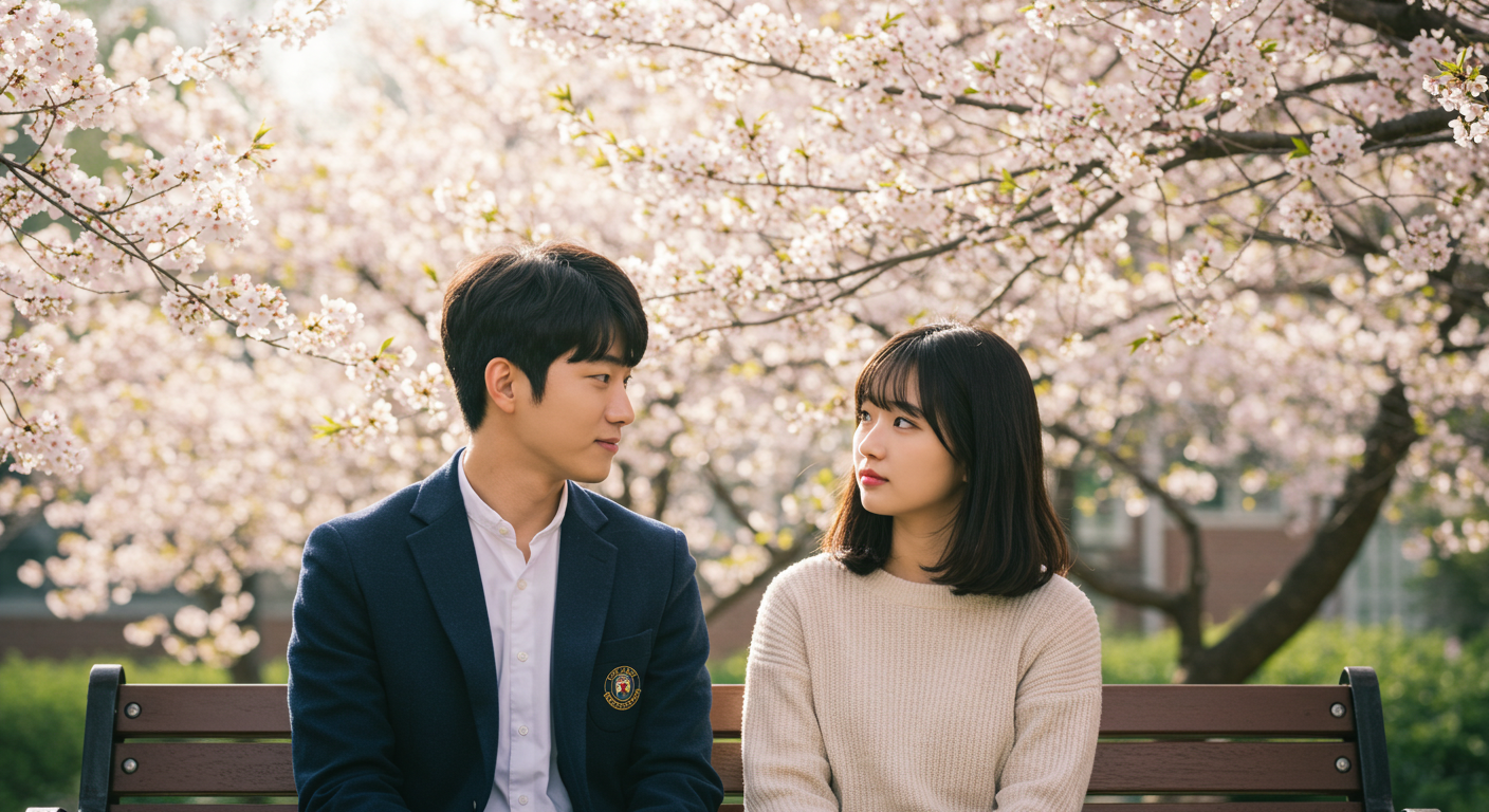 벚꽃 밑에서 시선을 마주치는 한국 남녀