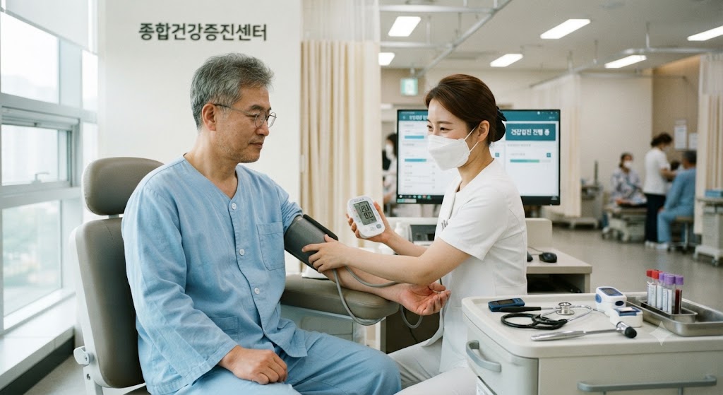 혈액검사를 앞두고 혈압검사를 하고 있는 중년의 모습