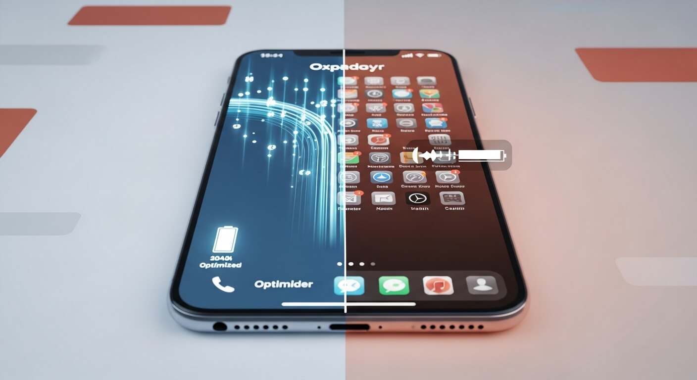 최적화된 스마트폰과 성능 저하된 스마트폰을 비교하는 미래지향적인 이미지