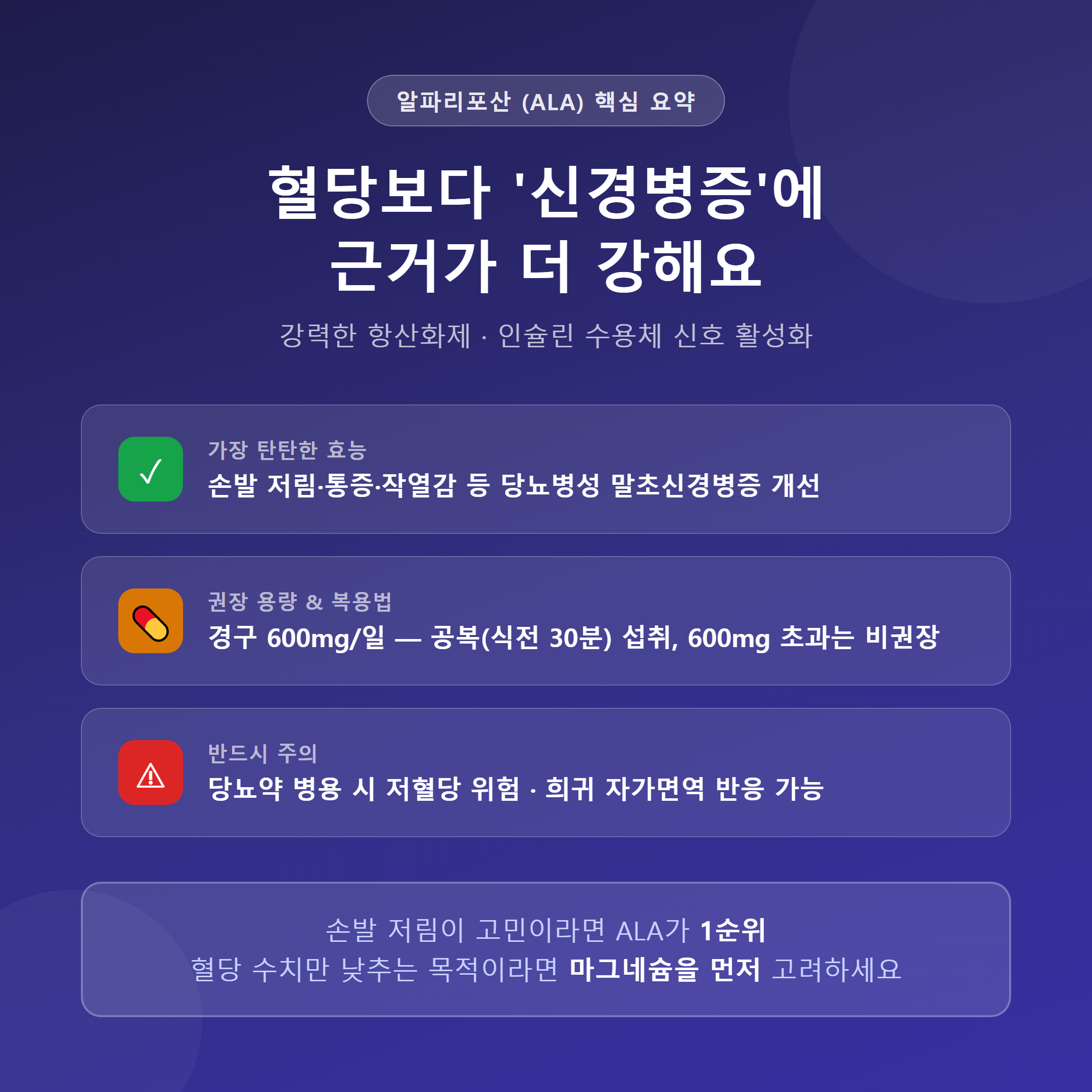 알파리포산 ALA 혈당 영양제 핵심 정보 요약 - 신경병증 근거, 권장 용량 600mg, 저혈당 주의