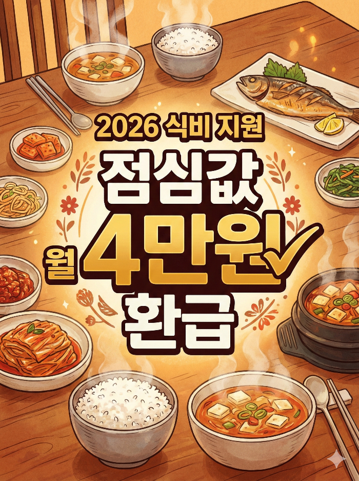 김이 모락모락 나는 밥과 찌개, 생선구이, 여러 반찬이 정갈하게 차려진 따뜻한 밥상 일러스트를 배경으로, 중앙에 "2026 식비 지원", **"점심값 월 4만원 환급"**이라는 텍스트가 크고 눈에 띄게 강조된 이미지입니다. 전체적으로 따뜻한 색감을 사용하여 포근하고 든든한 느낌을 줍니다.