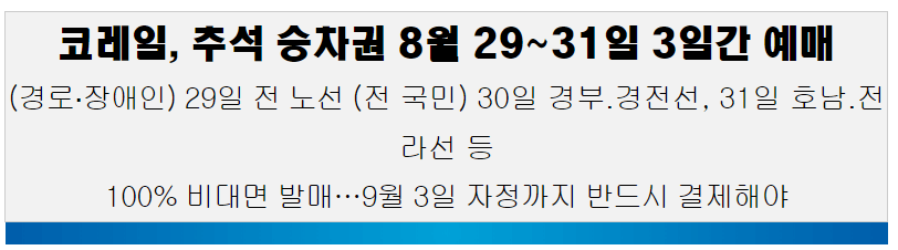 코레일 추석 승차권 예매 안내