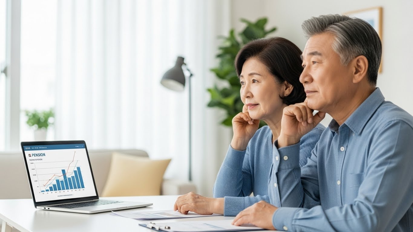 2026년 은퇴 후 국민연금 소득공백기를 걱정하며 노트북으로 경남도민연금 등 노후 재정 계획을 세우는 중년 부부
