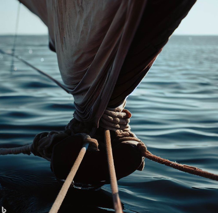 돛의 아랫부분이 활대에 매여져 있는 모습(made by Bing)