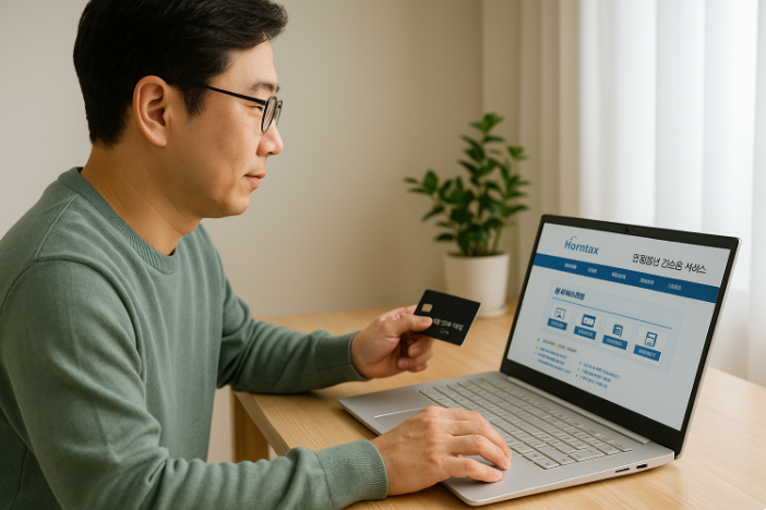 연말정산 간소화 서비스를 이용하기 위해 홈택스 홈페이지를 조회하는 남성