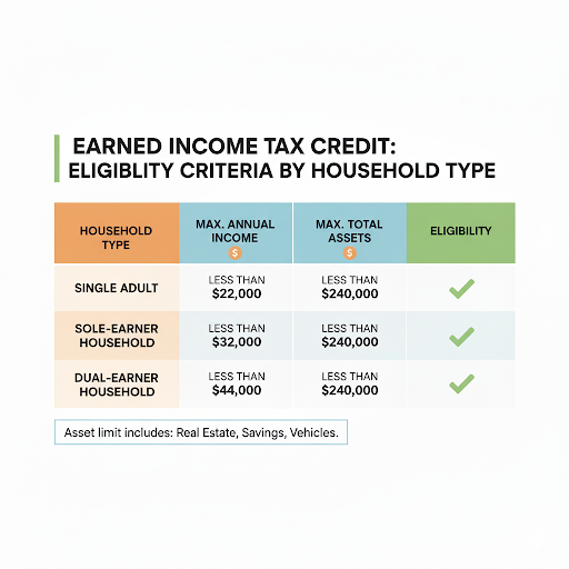 이미지: 단독, 홑벌이, 맞벌이 가구 유형별 소득 및 재산 기준을 한눈에 보여주는 표 또는 인포그래픽
