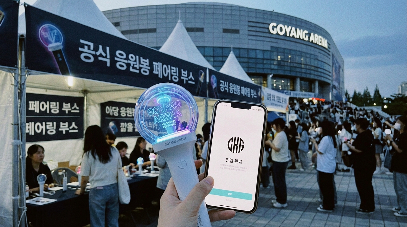 고양 아레나 현장 페어링 부스에서 아미밤 작동 여부를 확인하고 앱 연동을 마친 팬의 응원봉 모습