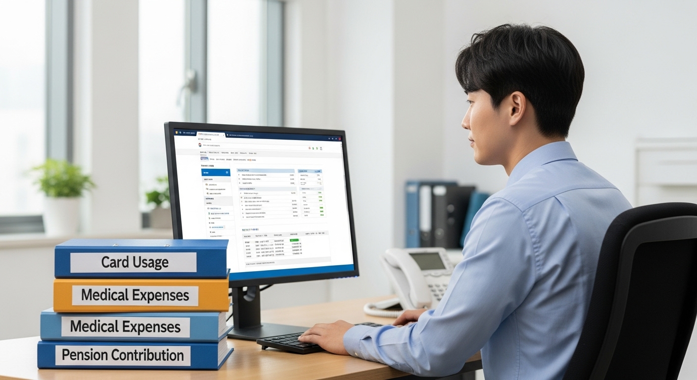 30대 한국인 직장인이 사무실 책상에서 홈택스를 통해 연말정산 미리보기 화면을 분석하고 있으며, 옆에는 신용카드 사용액, 의료비, 연금저축 관련 서류 폴더들이 쌓여 있다.