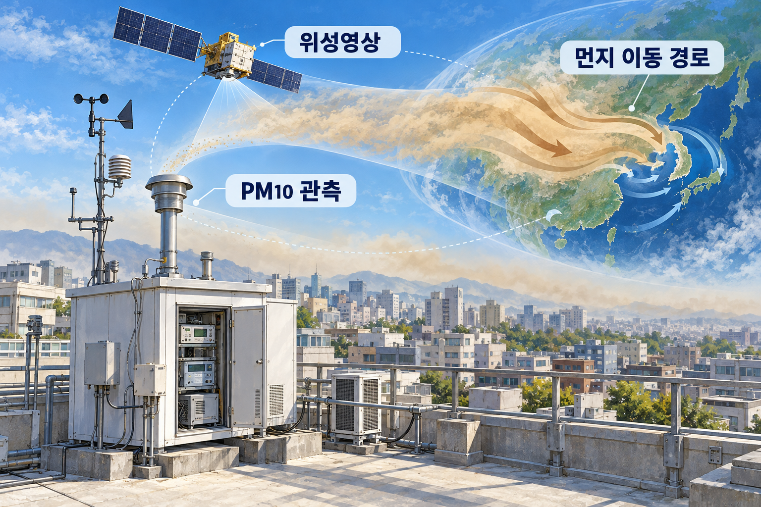 PM10 관측장비와 위성영상·이동경로 자료를 함께 활용하는 황사 관측 장면