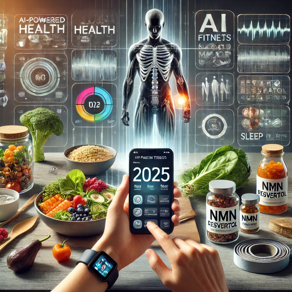 "AI 헬스케어 앱, 스마트 피트니스 미러, NMN 보충제, 건강한 식단, 수면 모니터링 기기가 포함된 2025년 최신 건강 트렌드 대표 이미지."