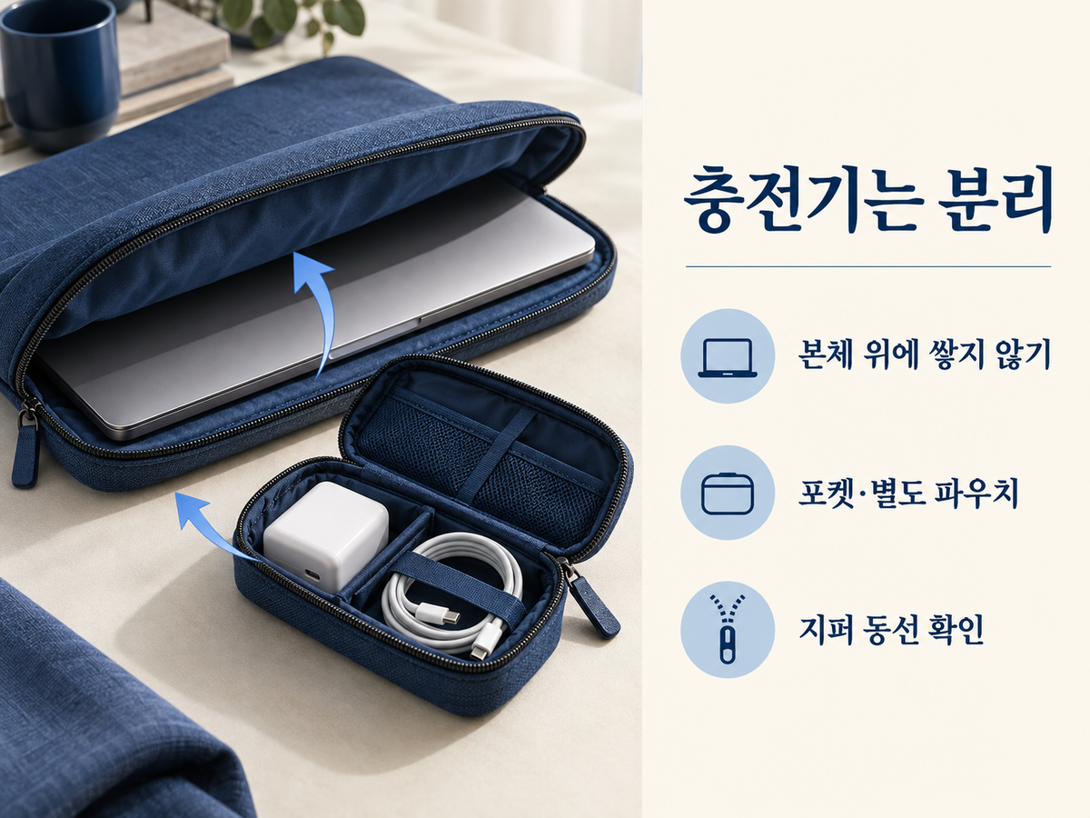 노트북 본체와 충전기·케이블을 분리해 지퍼 동선을 확보하는 수납 순서