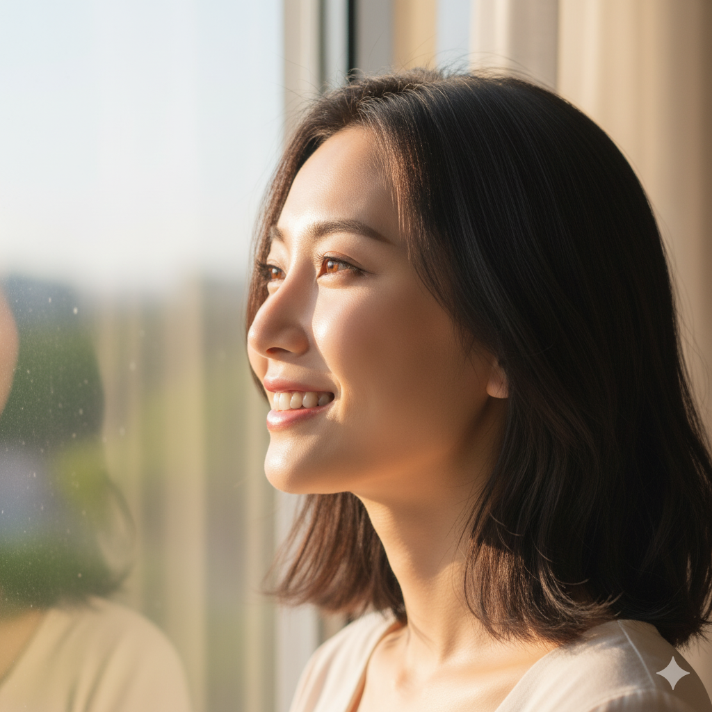 맑고 포근한 아침 햇살 속에서 활짝 웃으며 창밖을 바라보는 지적이고 아름다운 미모의 20대 여성 모델의 측면 클로즈업.