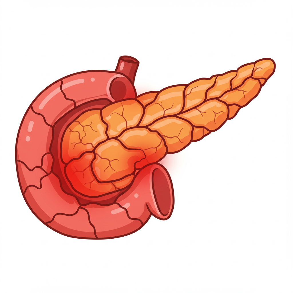 염증으로 인해 손상되고 파괴되고 있는 췌장의 모습을 상징적으로 표현한 이미지