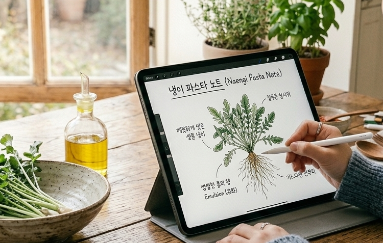 포근한 짜임의 스웨터를 입은 여성이 햇살이 가득 스며드는 주방 창가 옆 나무 식탁에서 아이패드 프로 화면에 '냉이 파스타 노트'라는 제목과 함께 잔뿌리가 상세하게 묘사된 냉이 일러스트를 정성스레 드로잉하는 측후면 구도의 모습. 테이블 왼쪽에는 도자기 대접에 가득 담긴 싱싱하고 푸른 냉이와 투명한 유리병에 담긴 노란 올리브유가 놓여 있는 서정적이고 포근한 주방 이미지.