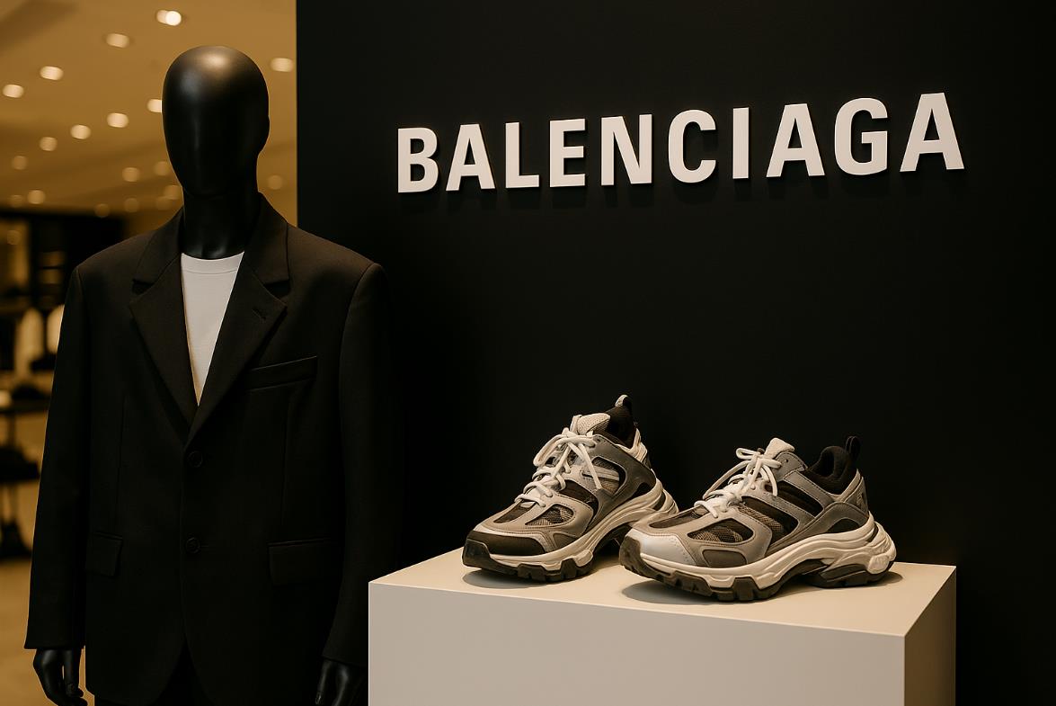 발렌시아가 쇼룸에서 오버사이즈 재킷과 과장된 스니커즈가 로고와 함께 전시된 장면.