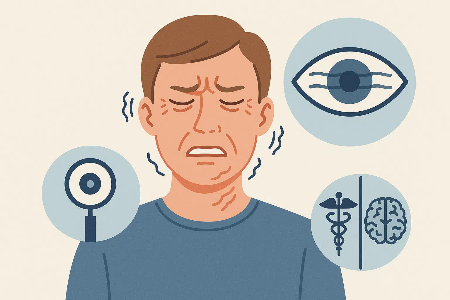 눈꺼풀 떨림이 얼굴 전체로 번지는 장면(입가, 턱 포함), 시야 흐림