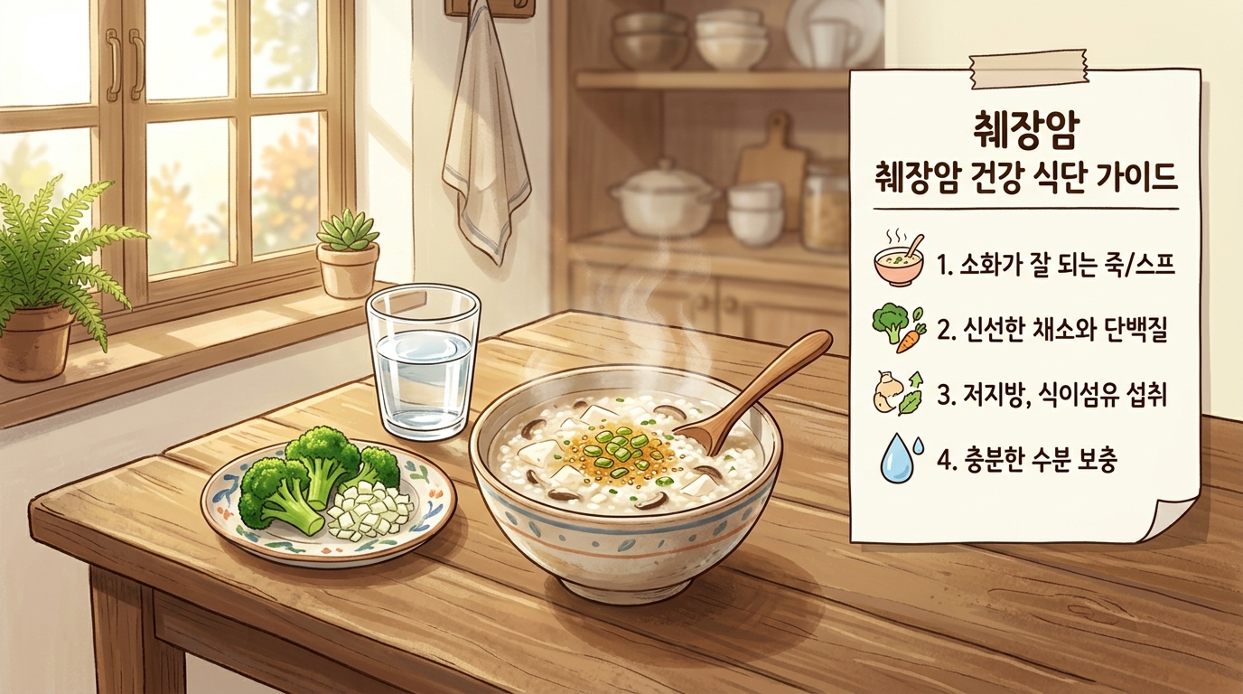 햇살이 따스하게 들어오는 주방 테이블 위에 정성스럽게 끓여진 부드러운 두부 버섯 죽과 신선한 브로콜리, 마늘 등 췌장암에 좋은 음식 가이드 수칙 식단을 보여주는 아늑하고 희망찬 2D 일러스트 이미지.