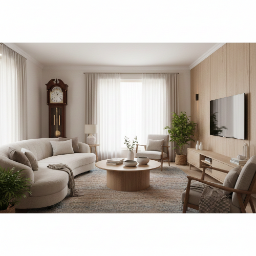 거실 풍수 인테리어 예시, 소파를 벽에 두고 둥근 테이블과 식물을 배치해 가족 화합과 재물운을 높인 공간