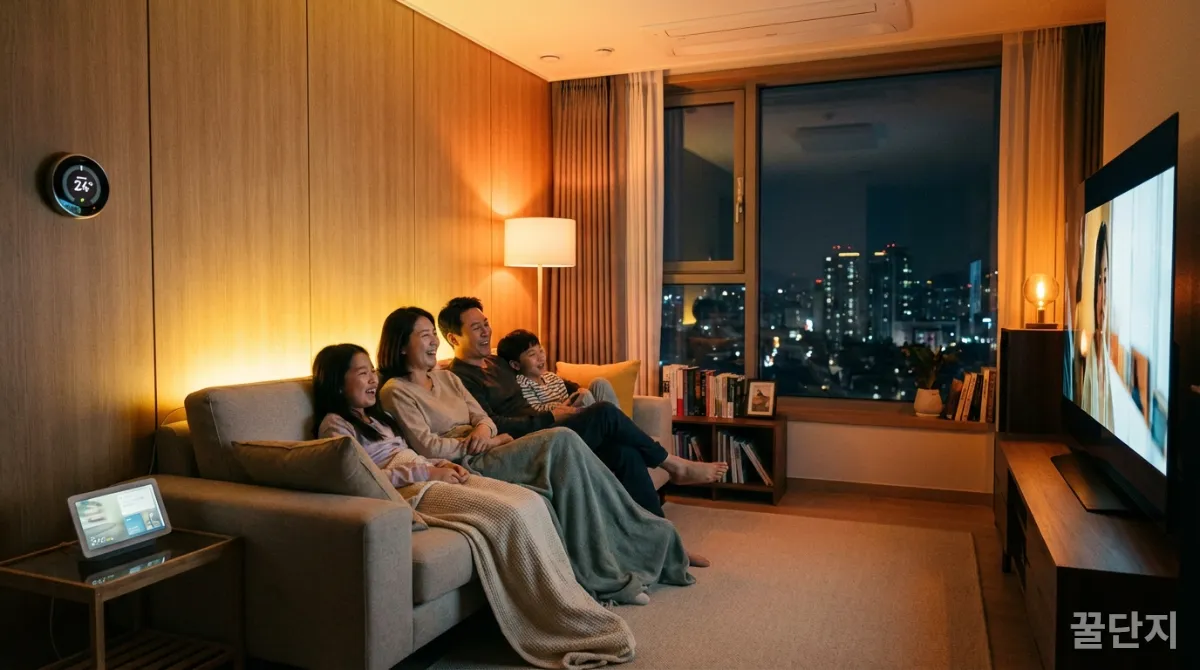 스마트 조명 아래 가족이 함께 영화를 보는 한국 가정의 따뜻한 거실 풍경.