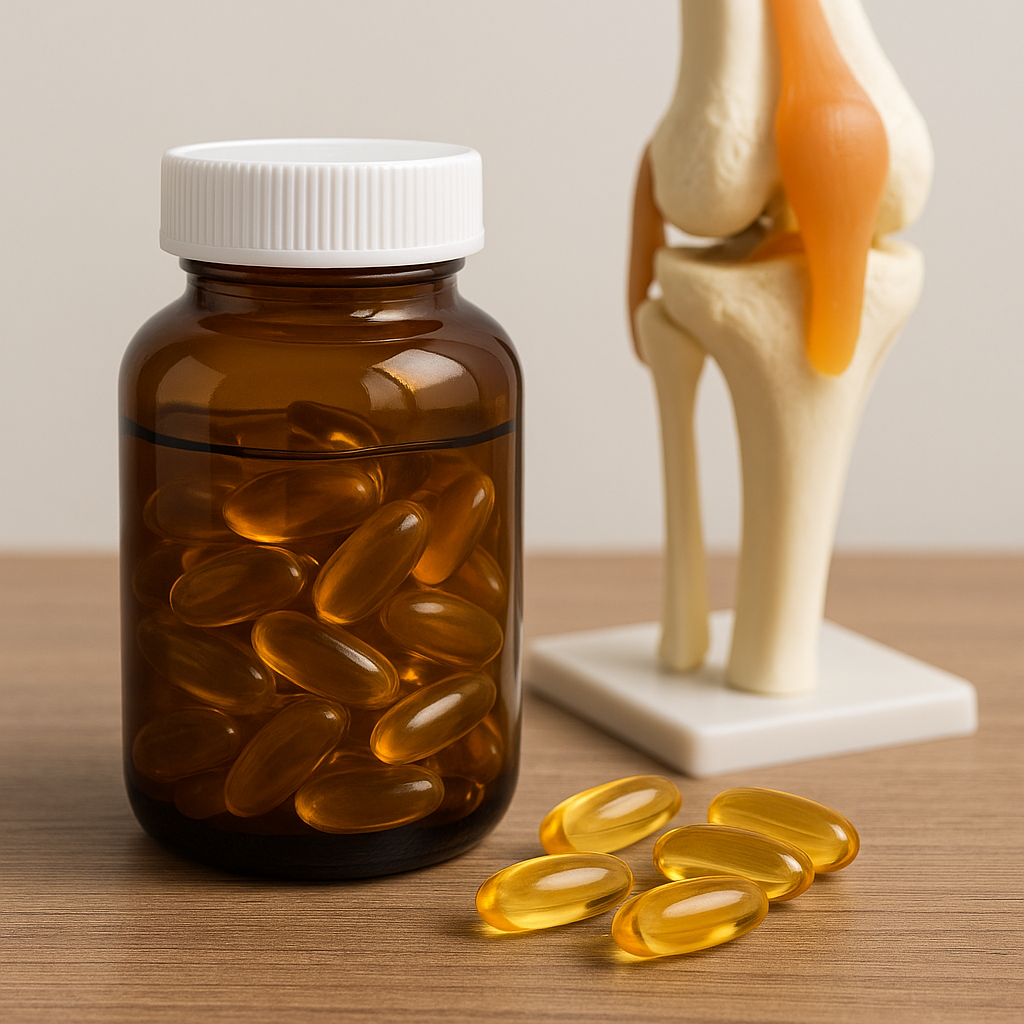 관절 영양제 캡슐과 무릎 관절 모형이 함께 있는 이미지