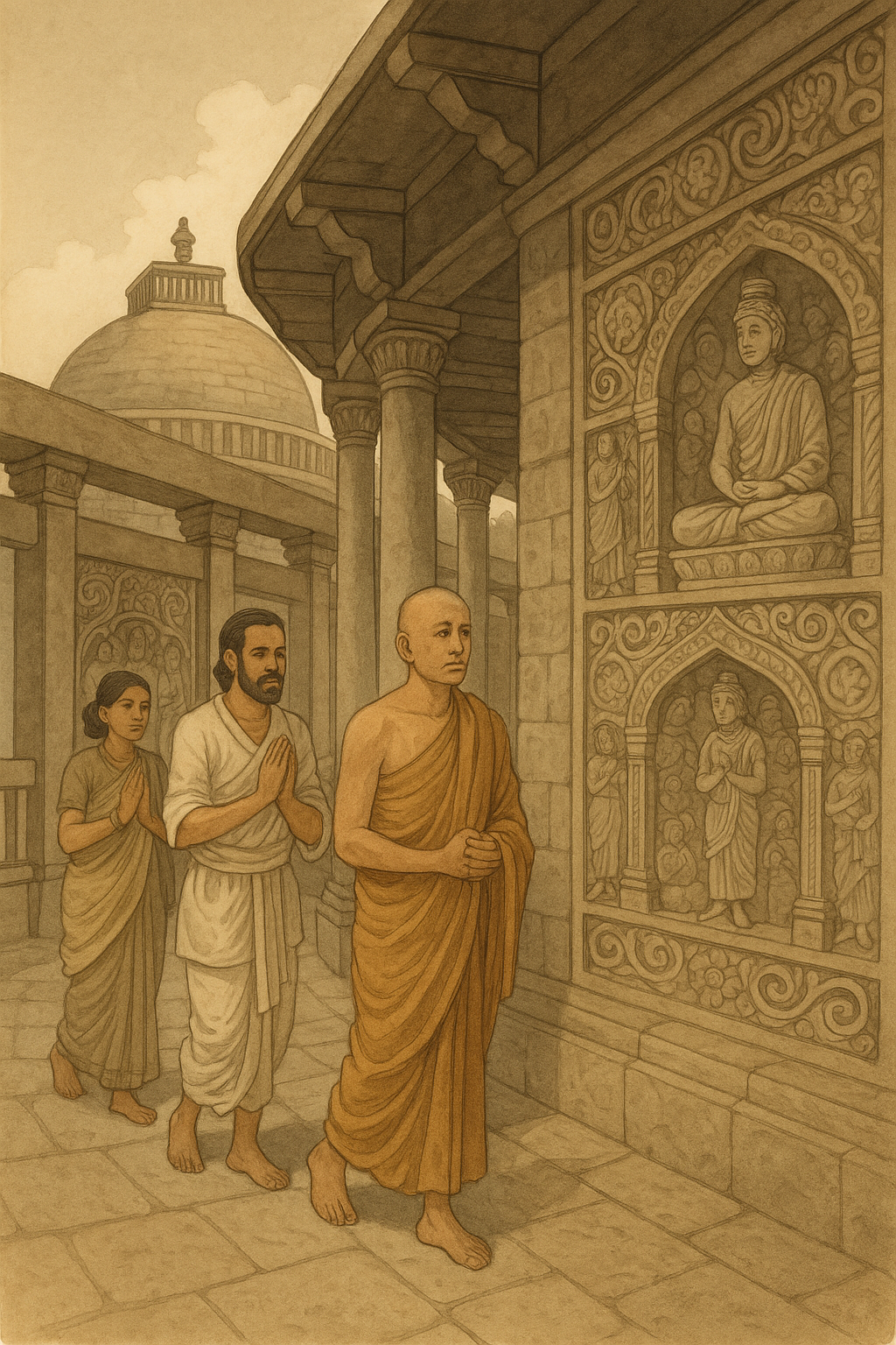 간다라 불탑 회랑 속을 걷는 신도