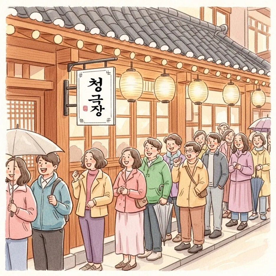 인기 많은 식당 앞에 줄 서서 기다리는 사람들