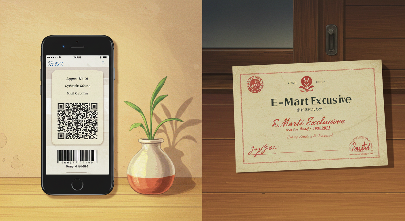 모바일 상품권과 지류 상품권의 차이를 보여주는 분할 장면