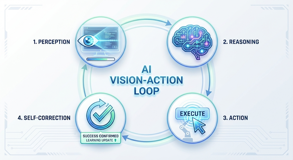 OpenAI 오퍼레이터가 화면을 인식하고 추론하여 행동하고 수정하는 비전-액션 루프(Vision-Action Loop) 프로세스 다이어그램