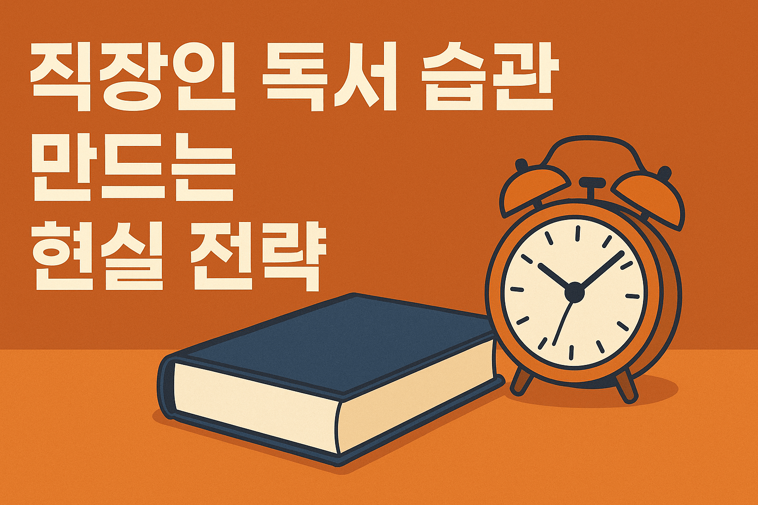 직장인의 독서 습관 형성을 상징하는 책과 자명종 시계 일러스트