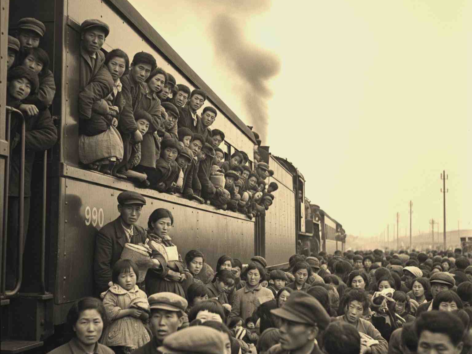6.25 전쟁 당시 피난열차에 몰린 사람들의 흑백 사진 장면