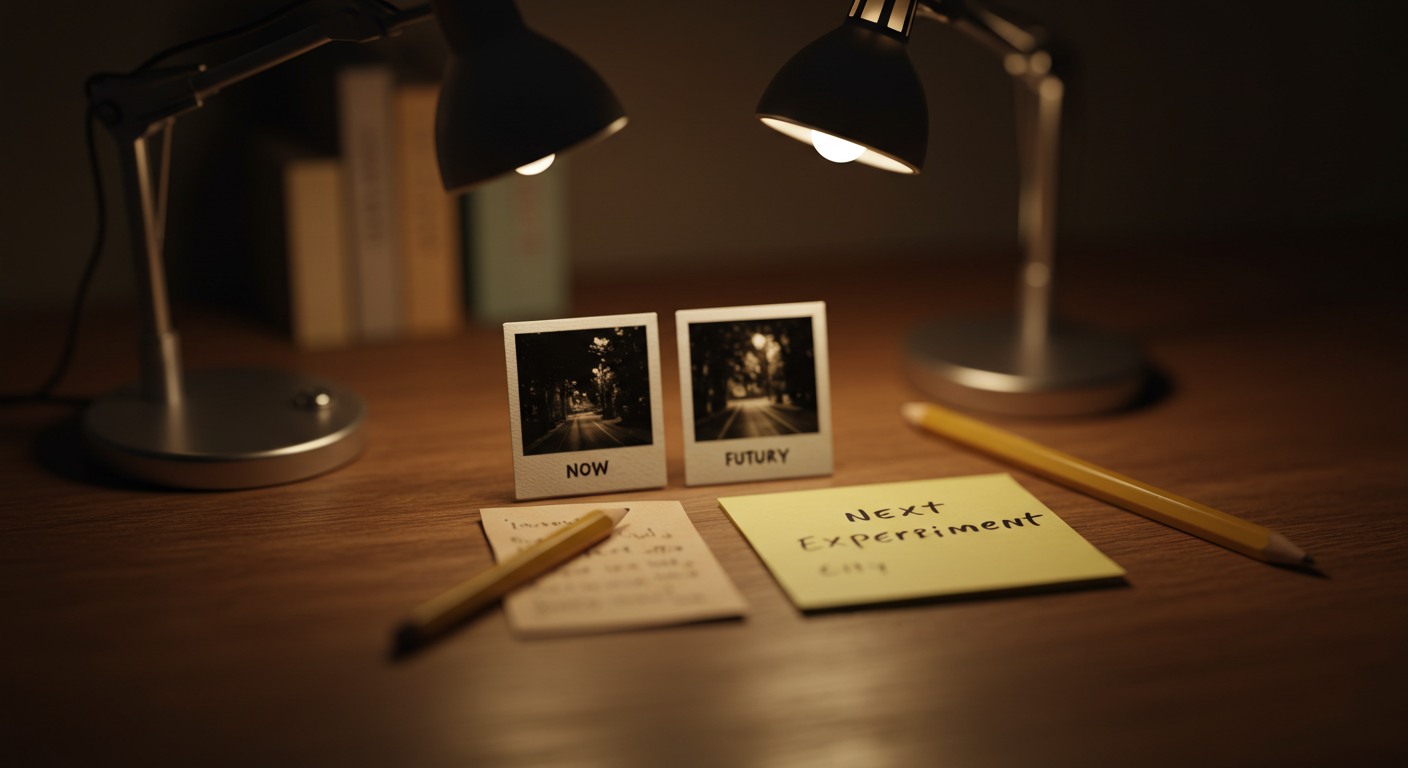 밤의 책상 위, 미니어처 인화지 두 장(현재와 10년 뒤)을 나란히 두고 다음 실험을 메모하는 틸트쉬프트 장면