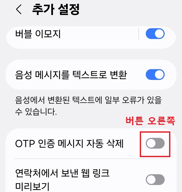 추가 설정 페이지에 OTP 인증 메시지 자동 삭제 메뉴 보임