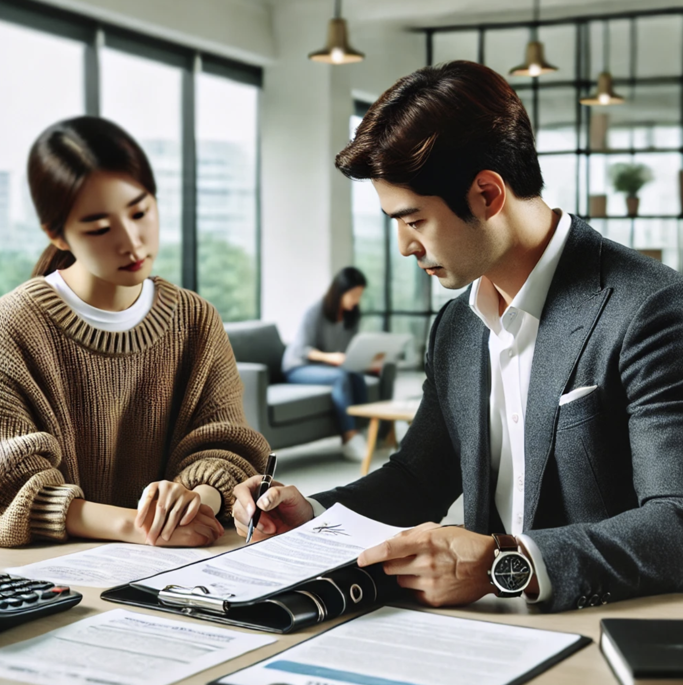 보험 에이전트가 고객과 대화하는 장면