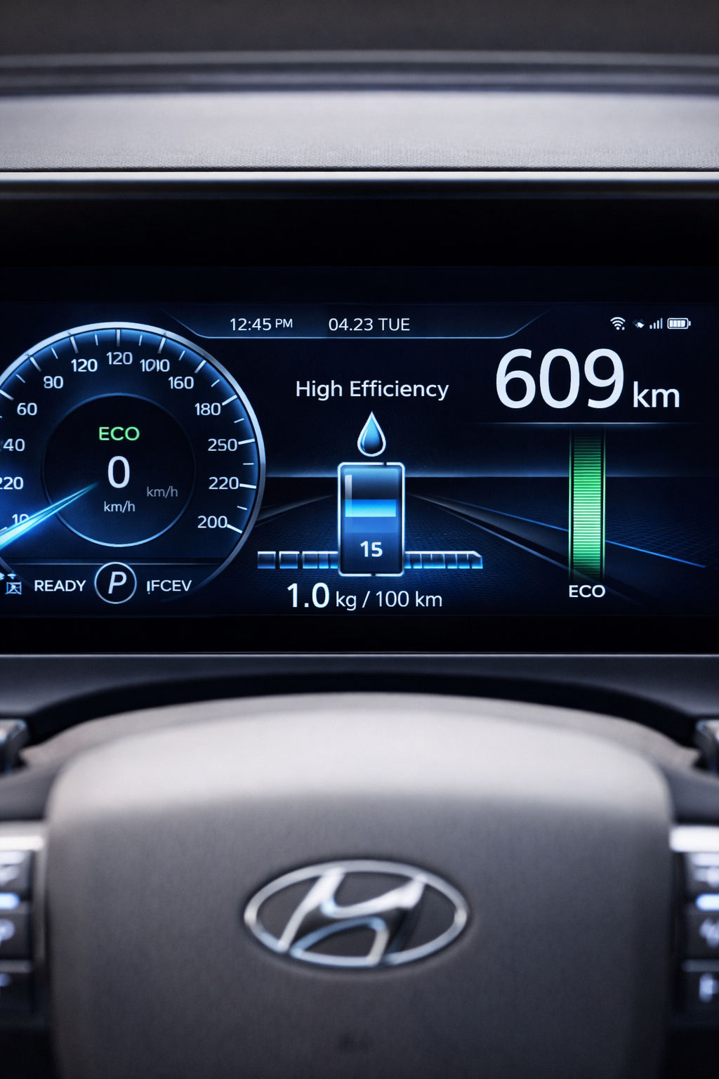넥소 수소차의 디지털 계기판에 표시된 높은 주행 가능 거리와 연비 효율