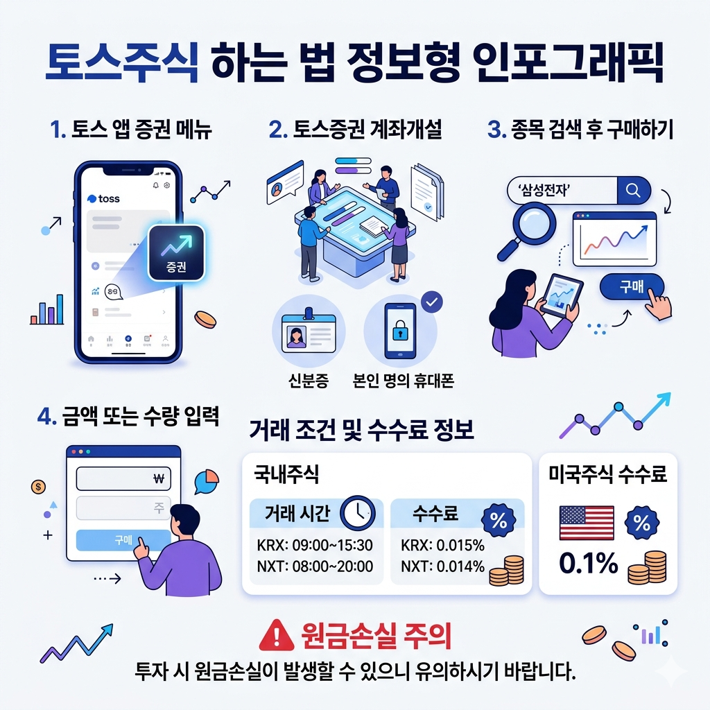토스주식 하는 법｜토스증권 계좌개설&middot;주식 사는 법&middot;수수료&middot;주의사항 인포그래픽