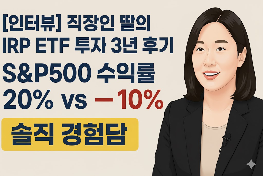직장인 딸의 IRP ETF 투자 3년 후기에 대한 기사 제목과 삽화. 제목은 '[인터뷰] 직장인 딸의 IRP ETF 투자 3년 후기 ❘ S&amp;P500 수익률 20% vs -10% 솔직 경험담'이며, 오른쪽에는 밝게 웃는 여성의 캐리커처가 배치되어 있습니다. 제목 아래에는 기사 내용 중 '왜 이 인터뷰를 하게 됐나요?'라는 질문으로 시작하는 부분이 일부 보입니다.