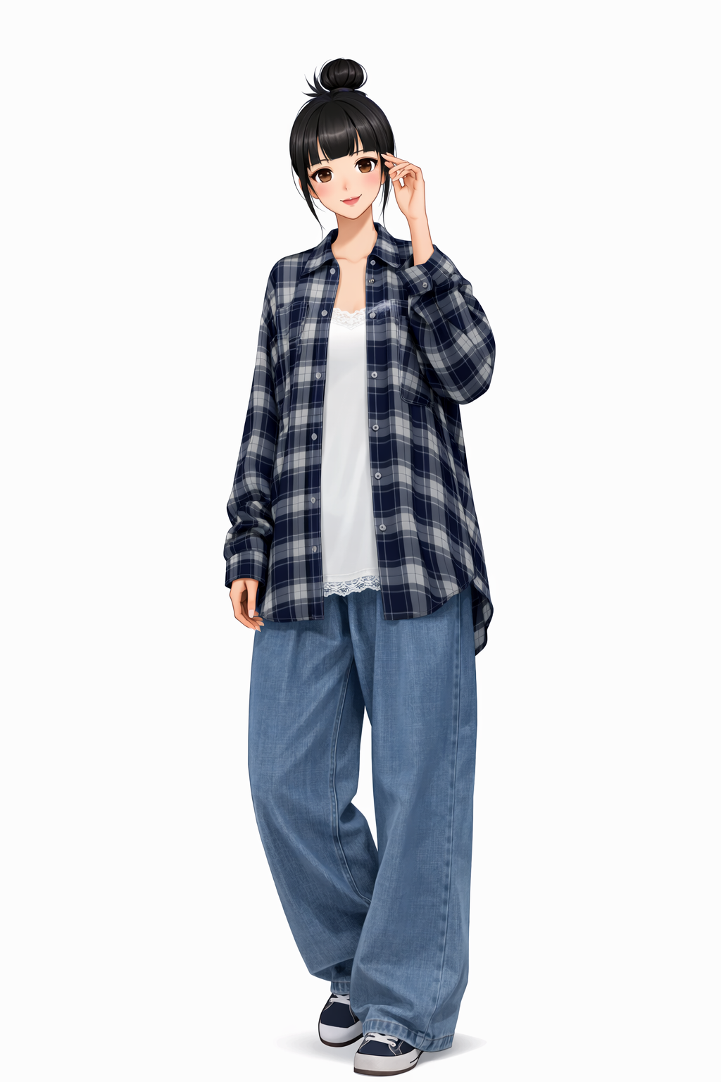 K-Fashion Long Shirt With Strap Sleeveless Top And Denim Pants Casual Style