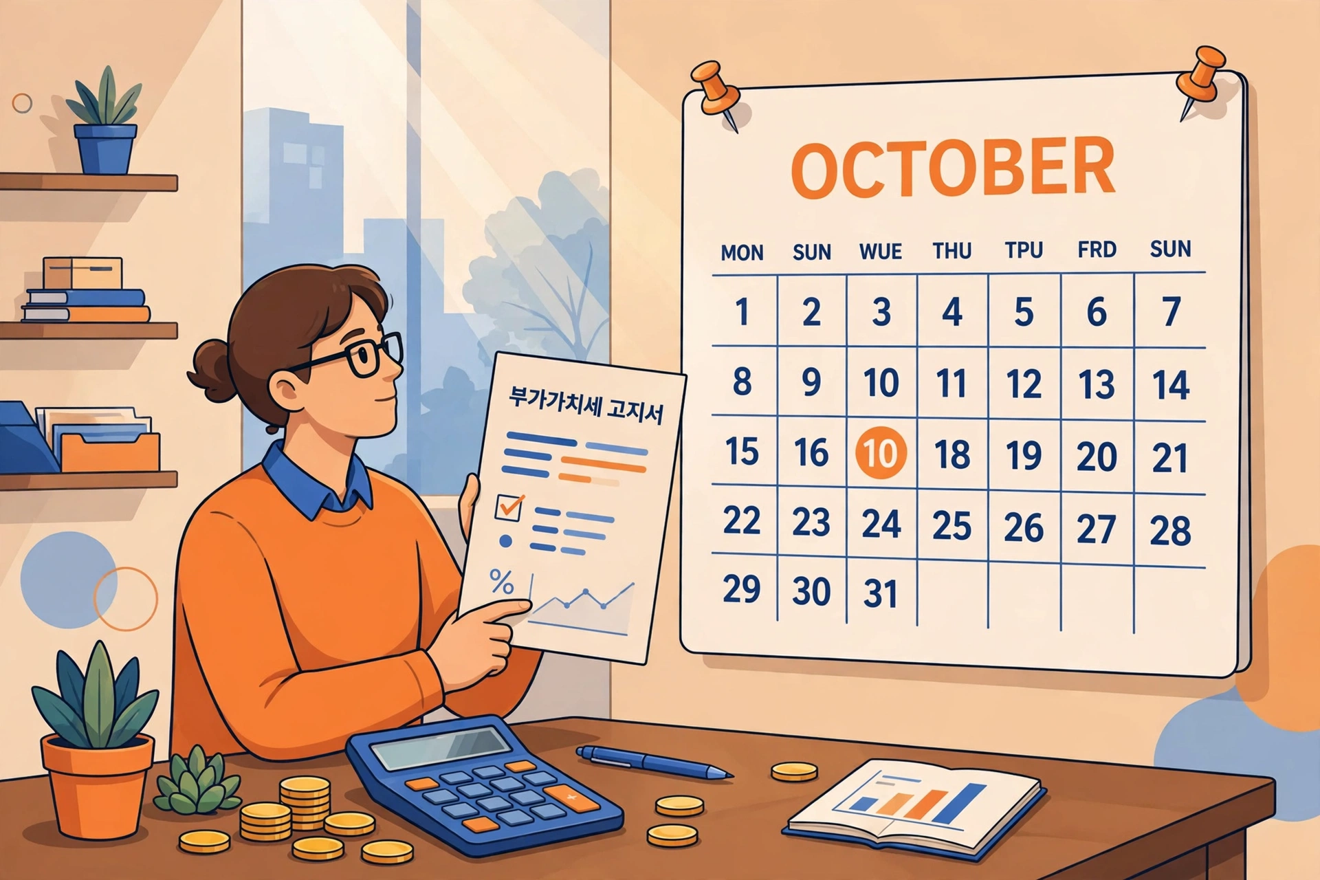 10월 달력과 부가가치세 고지서를 든 사업자 일러스트