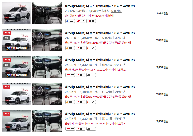 쉐보레 트레일블레이저 중고차 가격 시세표 유지비